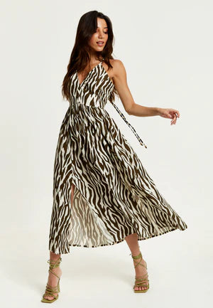 Brown Zebra Strappy Midi Dress With Open Back Liquorish